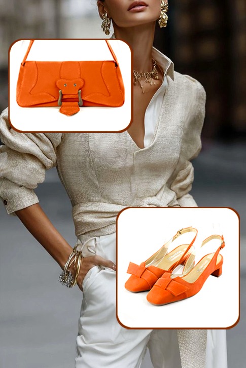 Women's clementine orange elegant slingback heels. Square toe. Low kitten heels - Worn view